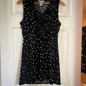 White House Black Market Black Dress with White Dots with V neck ruffle